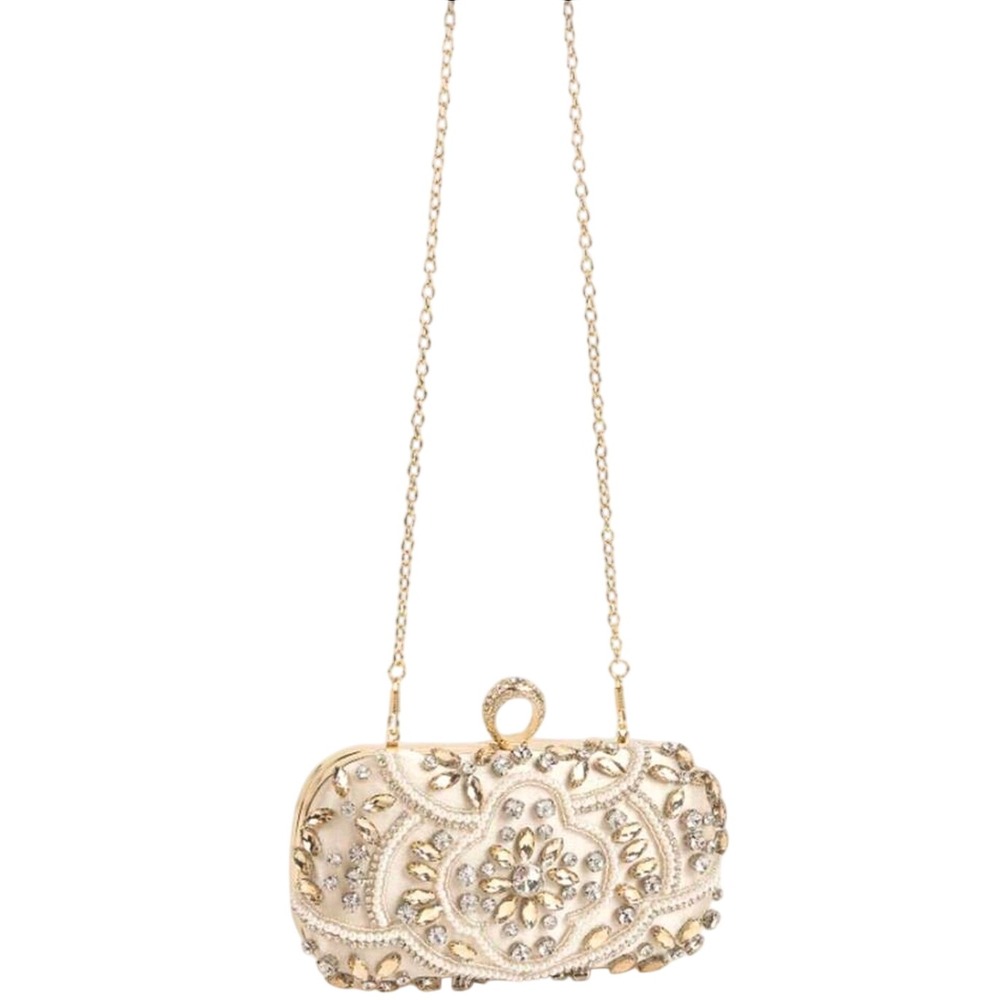 Champagne Satin Beaded Evening Clutch Rhinestone Pearl Minaudiere Bag Gold Chain - Picture 2 of 6